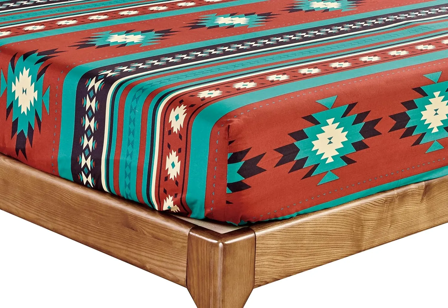 Chezmoi Collection Prescott 4-Piece Southwestern Geometric Tribal Multicolor Red Teal Beige Sheet Set, Queen Size