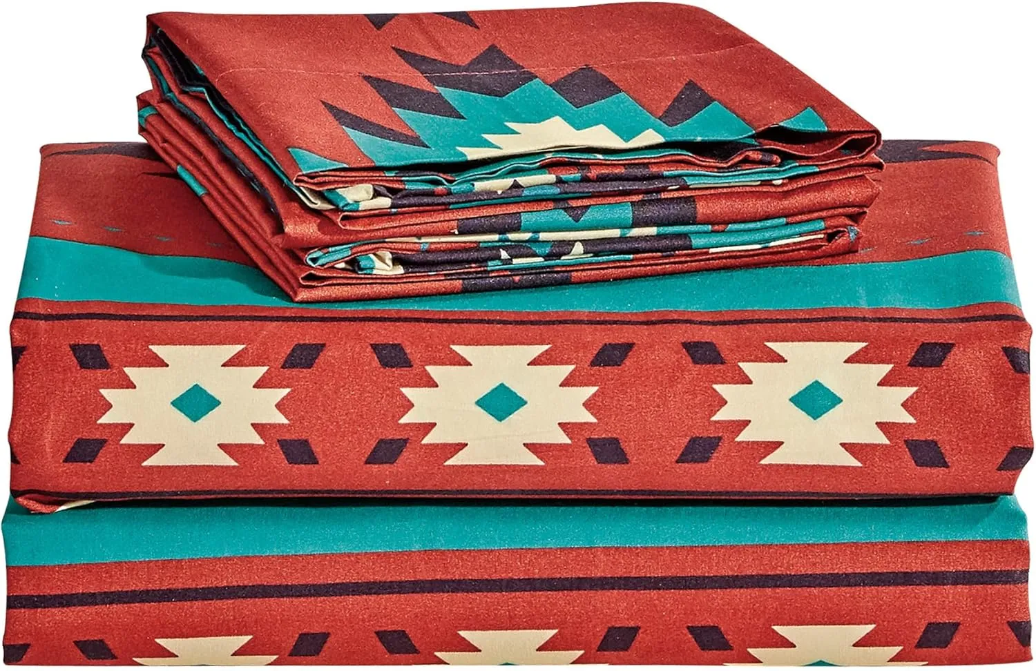 Chezmoi Collection Prescott 4-Piece Southwestern Geometric Tribal Multicolor Red Teal Beige Sheet Set, Queen Size