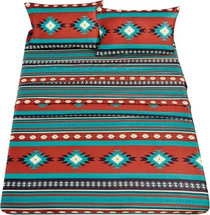 Chezmoi Collection Prescott 4-Piece Southwestern Geometric Tribal Multicolor Red Teal Beige Sheet Set, Queen Size