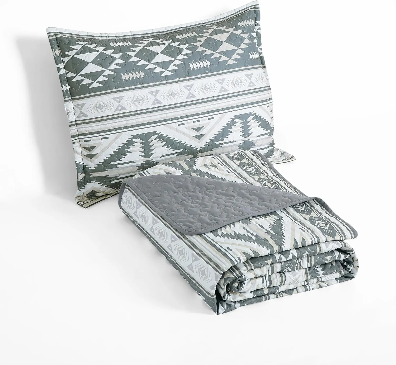 Chezmoi Collection Remy 3-Piece Southwestern Geometric Motif Quilt Set - Multicolor Gray White Light Brown Printed Microfiber Lightweight Quilted Bedspread Set, Queen (100" x 95")