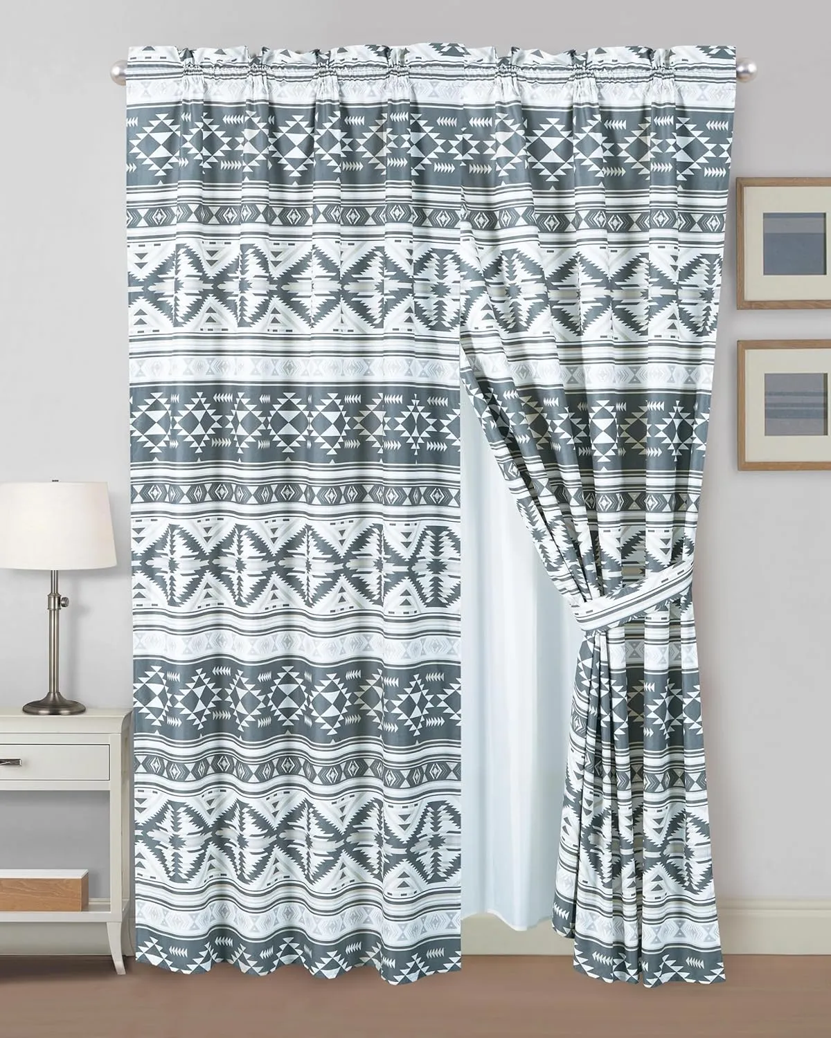 Chezmoi Collection Remy 4-Piece Southwestern Geometric Motif Window Curtain Set with Sheer Backing - Multicolor Gray White Light Brown Printed Microfiber, 120 inch x 84 inch