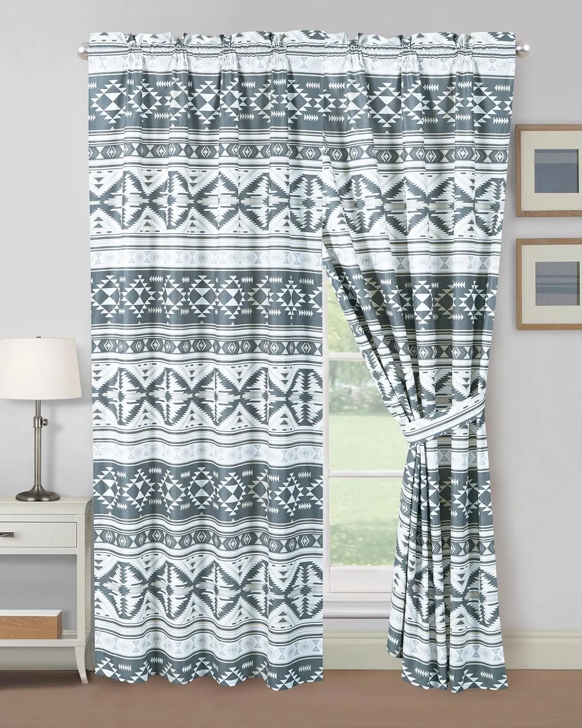 Chezmoi Collection Remy 4-Piece Southwestern Geometric Motif Window Curtain Set with Sheer Backing - Multicolor Gray White Light Brown Printed Microfiber, 120 inch x 84 inch