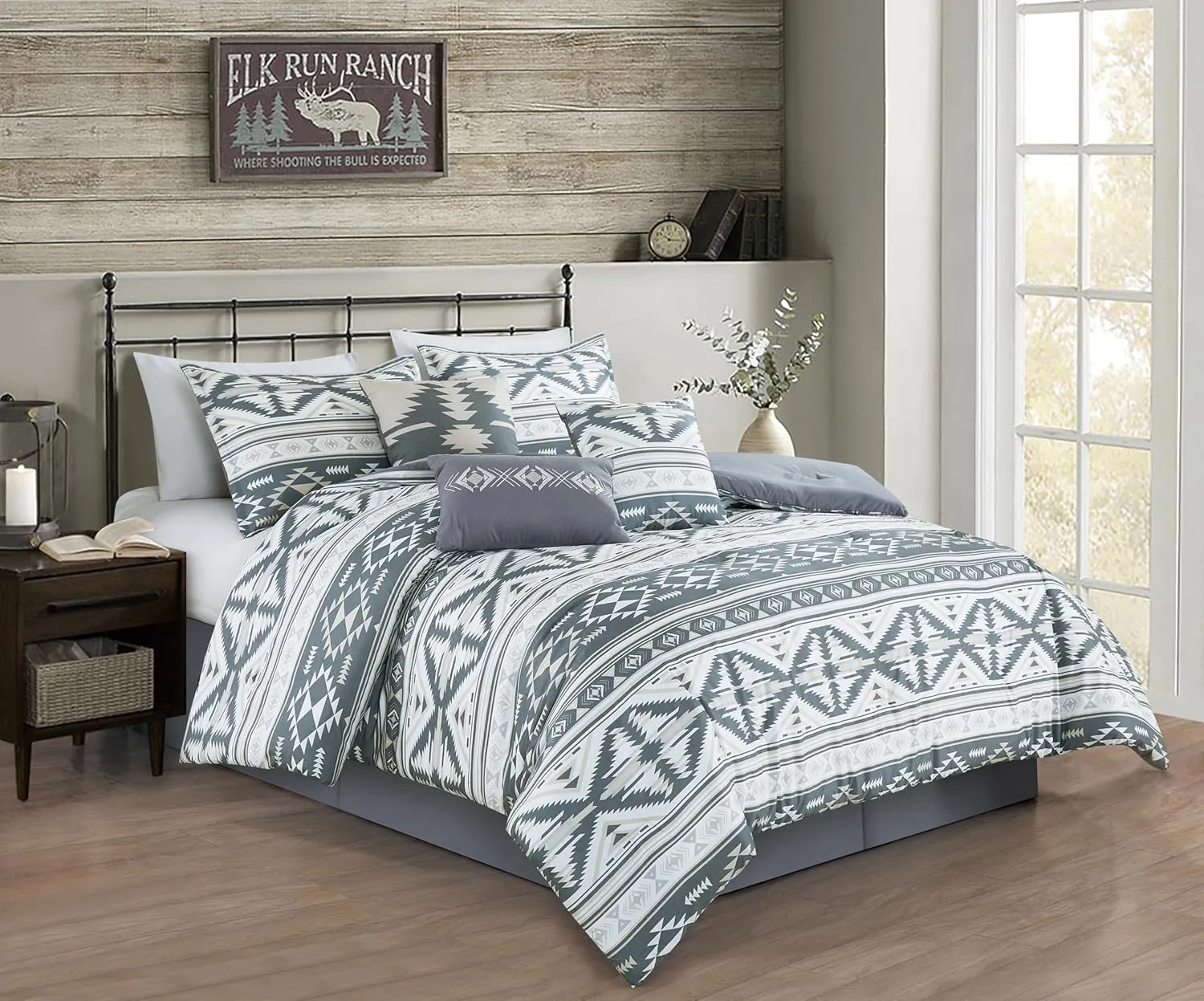 Chezmoi Collection Remy 7-Piece Southwestern Geometric Motif Comforter Set - Multicolor Gray White Light Brown Printed Microfiber Bedding, Queen