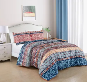 Chezmoi Collection Shore 3-Piece Boho Stripe Queen Comforter Set - Medallion Floral Colorful Navy Blue Orange Red White Bohemian Printed Microfiber Lightweight Bedding Comforter Set