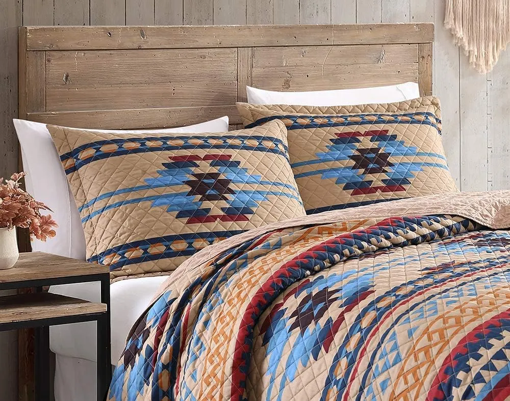 Chezmoi Collection Wyoming 3-Piece Southwestern Quilt Set - Geometric Tribal Multicolor Beige Brown Blue Red Printed Pre-Washed Microfiber Bedspread Set, King Size