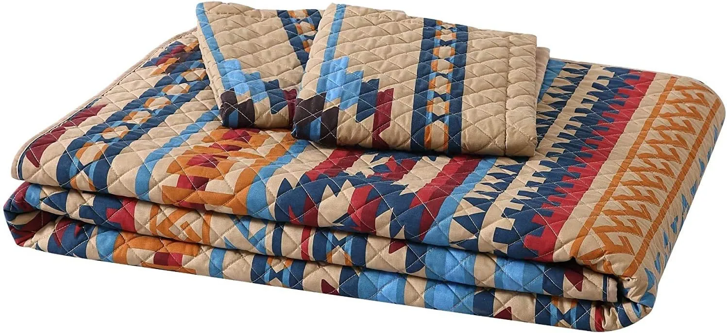 Chezmoi Collection Wyoming 3-Piece Southwestern Quilt Set - Geometric Tribal Multicolor Beige Brown Blue Red Printed Pre-Washed Microfiber Bedspread Set, King Size