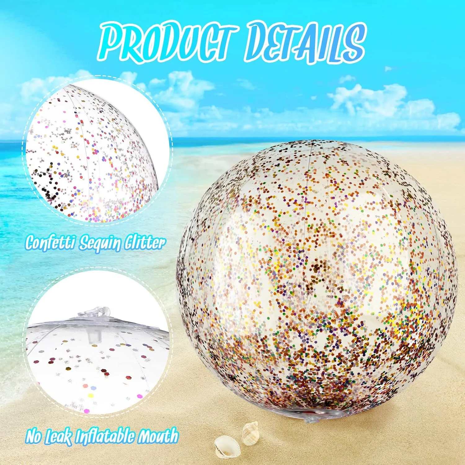 Chivao 10 Pcs Inflateable Sequin Glitter Beach Balls, 24 Inch and 16 Inch Jumbo Pool Confetti Glitter Balls, Swimming Pool Beach Toys for Summer Favor Decorations