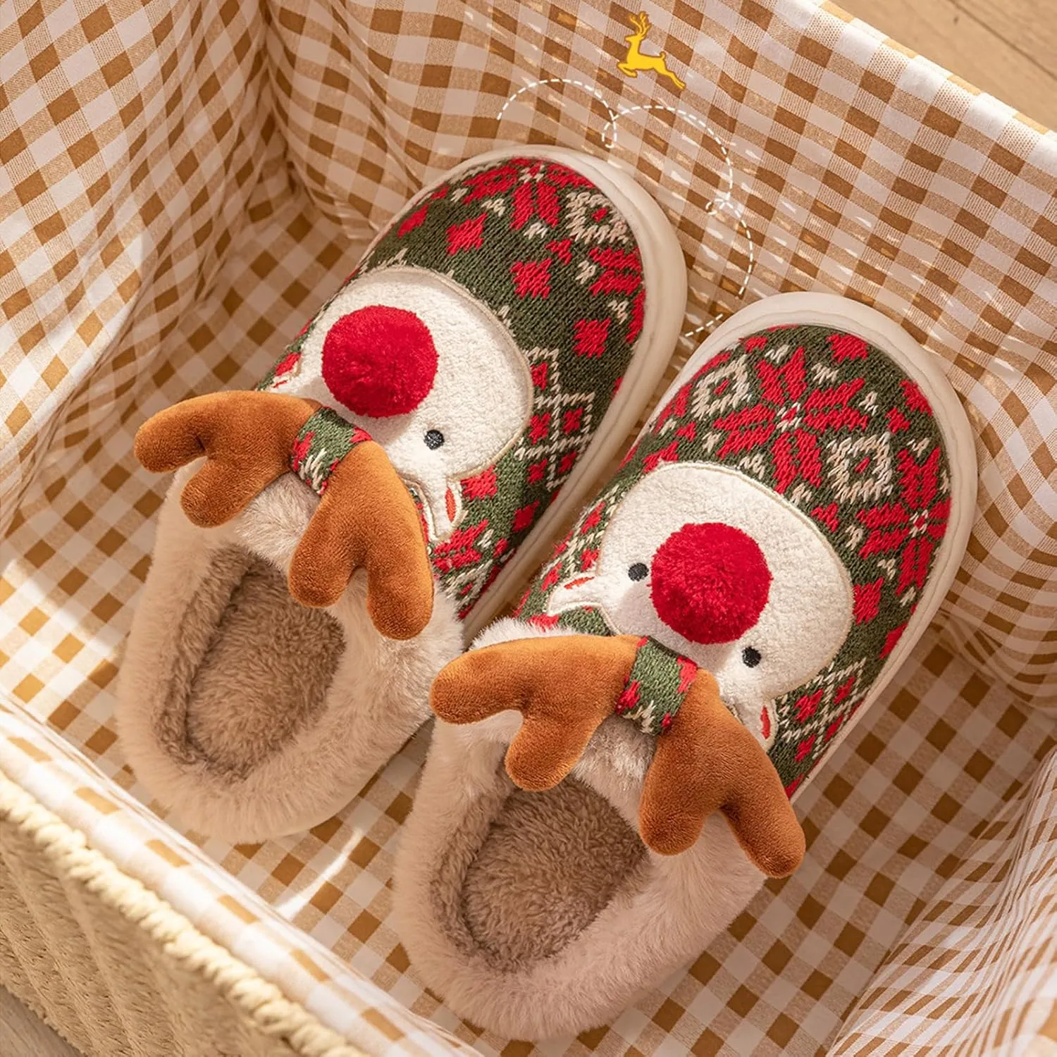 Christmas Slippers for Women, Fluffy Animal Slipper with Reindeer for Adults, Winter Cartoon House Shoes with Memory Foam, Fuzzy Cute Retro Bedroom Aesthetic Slides, Plush, Cozy PVC Sole
