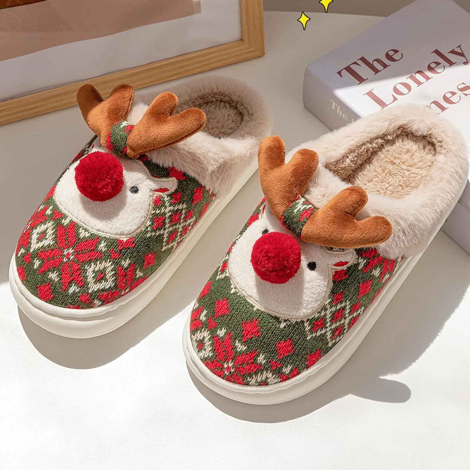 Christmas Slippers for Women, Fluffy Animal Slipper with Reindeer for Adults, Winter Cartoon House Shoes with Memory Foam, Fuzzy Cute Retro Bedroom Aesthetic Slides, Plush, Cozy PVC Sole