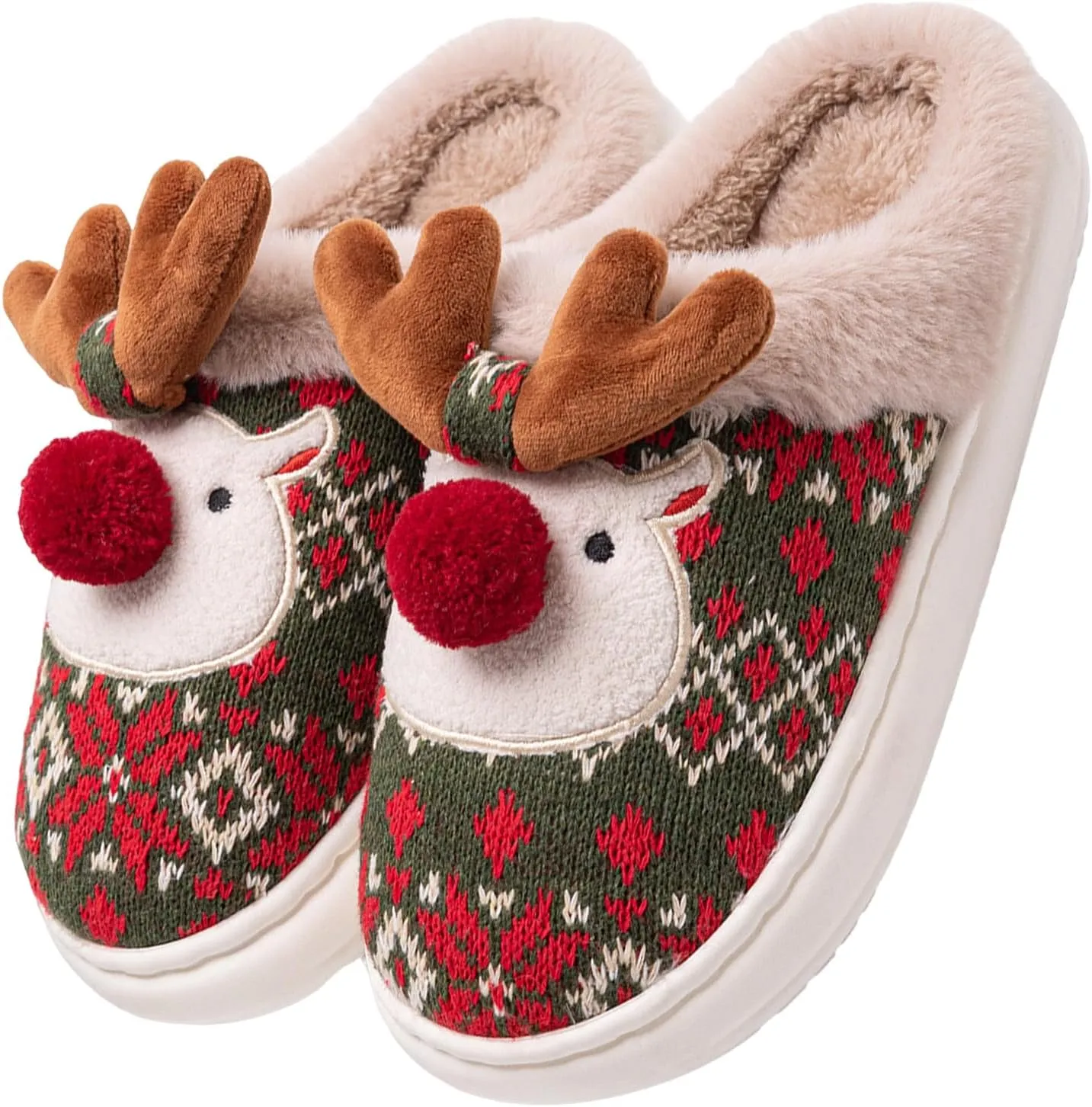 Christmas Slippers for Women, Fluffy Animal Slipper with Reindeer for Adults, Winter Cartoon House Shoes with Memory Foam, Fuzzy Cute Retro Bedroom Aesthetic Slides, Plush, Cozy PVC Sole