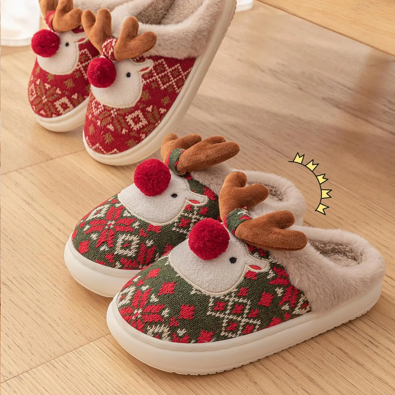 Christmas Slippers for Women, Fluffy Animal Slipper with Reindeer for Adults, Winter Cartoon House Shoes with Memory Foam, Fuzzy Cute Retro Bedroom Aesthetic Slides, Plush, Cozy PVC Sole
