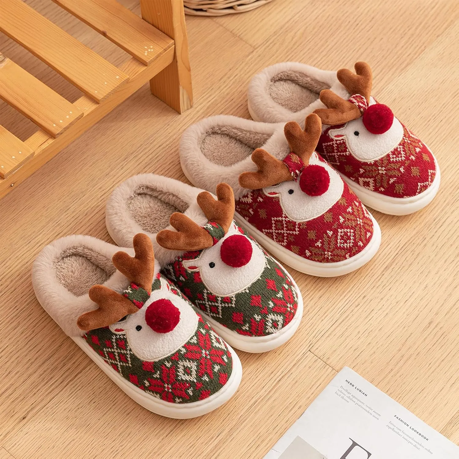 Christmas Slippers for Women, Fluffy Animal Slipper with Reindeer for Adults, Winter Cartoon House Shoes with Memory Foam, Fuzzy Cute Retro Bedroom Aesthetic Slides, Plush, Cozy PVC Sole
