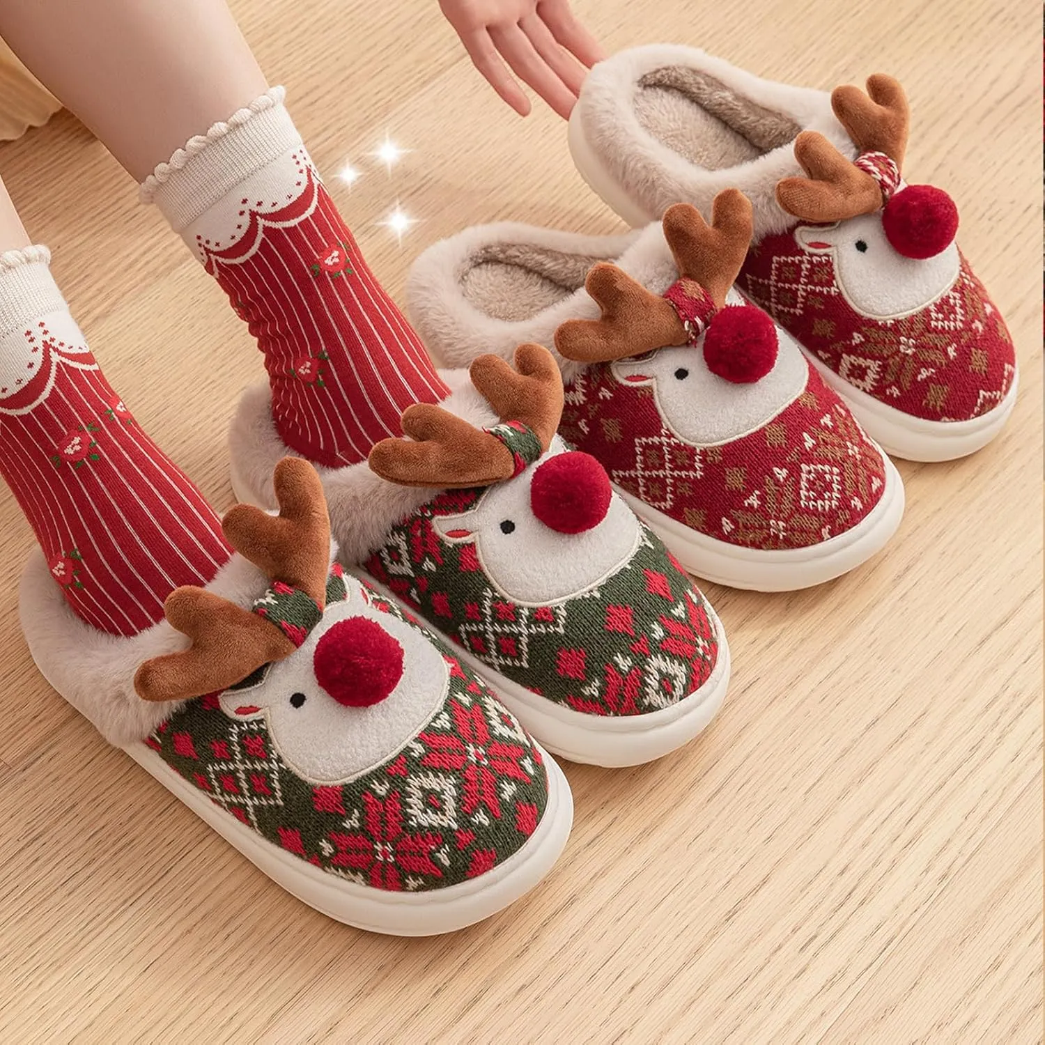 Christmas Slippers for Women, Fluffy Animal Slipper with Reindeer for Adults, Winter Cartoon House Shoes with Memory Foam, Fuzzy Cute Retro Bedroom Aesthetic Slides, Plush, Cozy PVC Sole