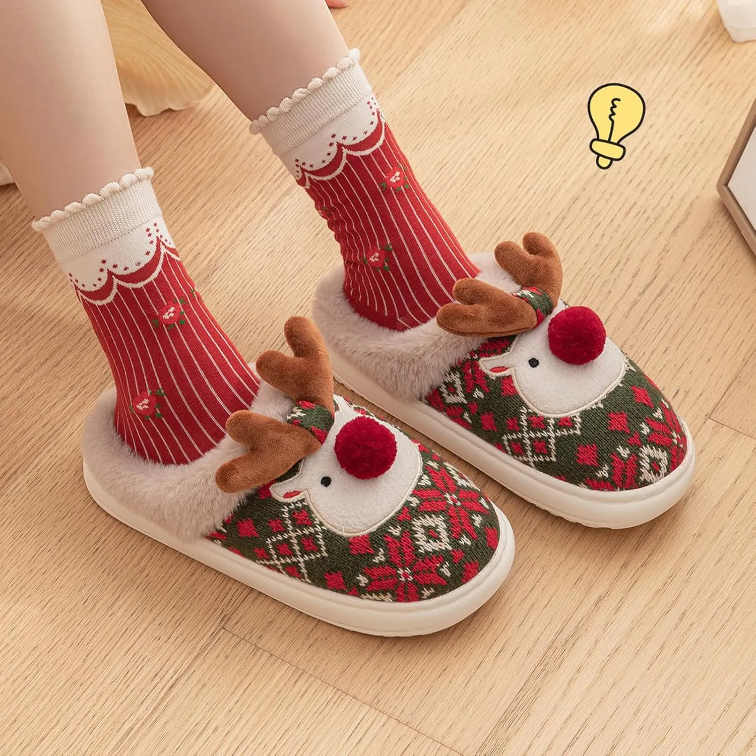 Christmas Slippers for Women, Fluffy Animal Slipper with Reindeer for Adults, Winter Cartoon House Shoes with Memory Foam, Fuzzy Cute Retro Bedroom Aesthetic Slides, Plush, Cozy PVC Sole