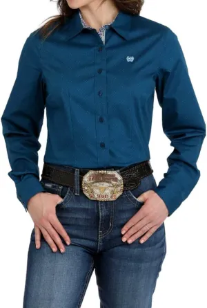 Cinch Ladies Teal Geometric Print Button Down