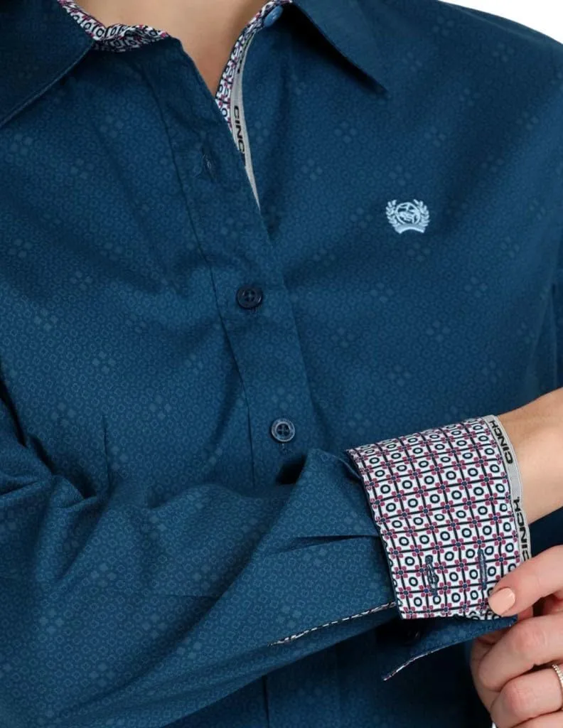 Cinch Ladies Teal Geometric Print Button Down