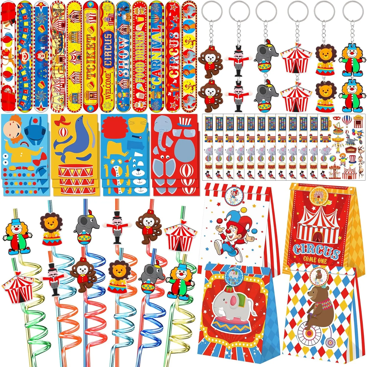 Circus Party Favors 72 PCS Circus Clown Animal Slap Bracelets DIY Stickers Tattoo Stickers Keychains Plastic Straws Gift Bags for Kids Carnival Theme Birthday Party Baby Shower Classroom Rewards