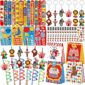 Circus Party Favors 72 PCS Circus Clown Animal Slap Bracelets DIY Stickers Tattoo Stickers Keychains Plastic Straws Gift Bags for Kids Carnival Theme Birthday Party Baby Shower Classroom Rewards