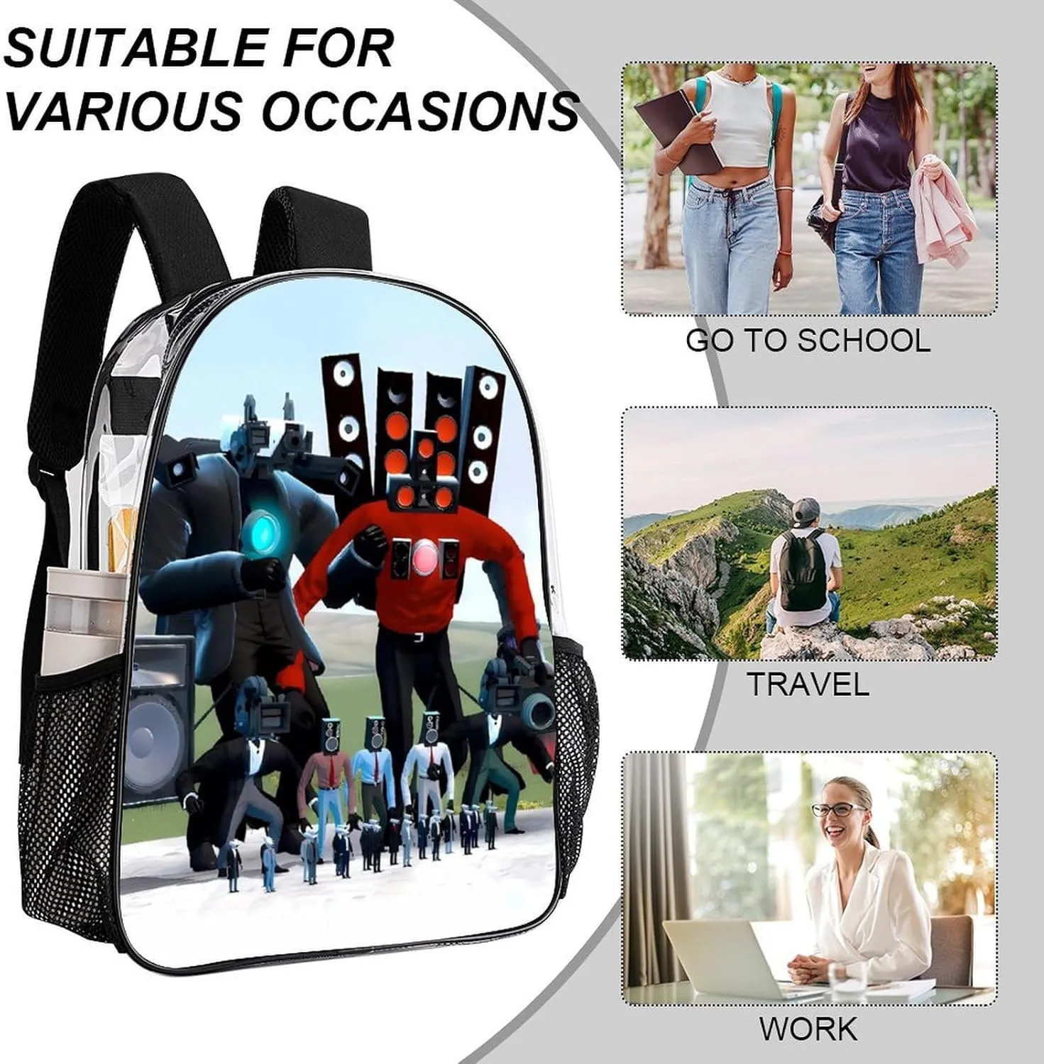 Clear Backpack Heavy Duty PVC Transparent Funny Toi-let Backpack 17"" Large Capacity See Through Bag for Travel, 43x32x13cm, Style-1