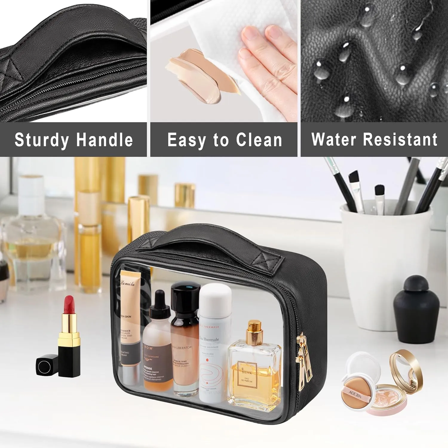 Clear Cosmetic Bags 3pack Makeup Toiletry Bag with Handle Travel Essentials for Men and Woemn(Black White Pink)