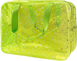 Clear Fluorescent Neon Yellow Star Cosmetic Bag with Zippier and Travel Yellow Clear Pouch with Handle