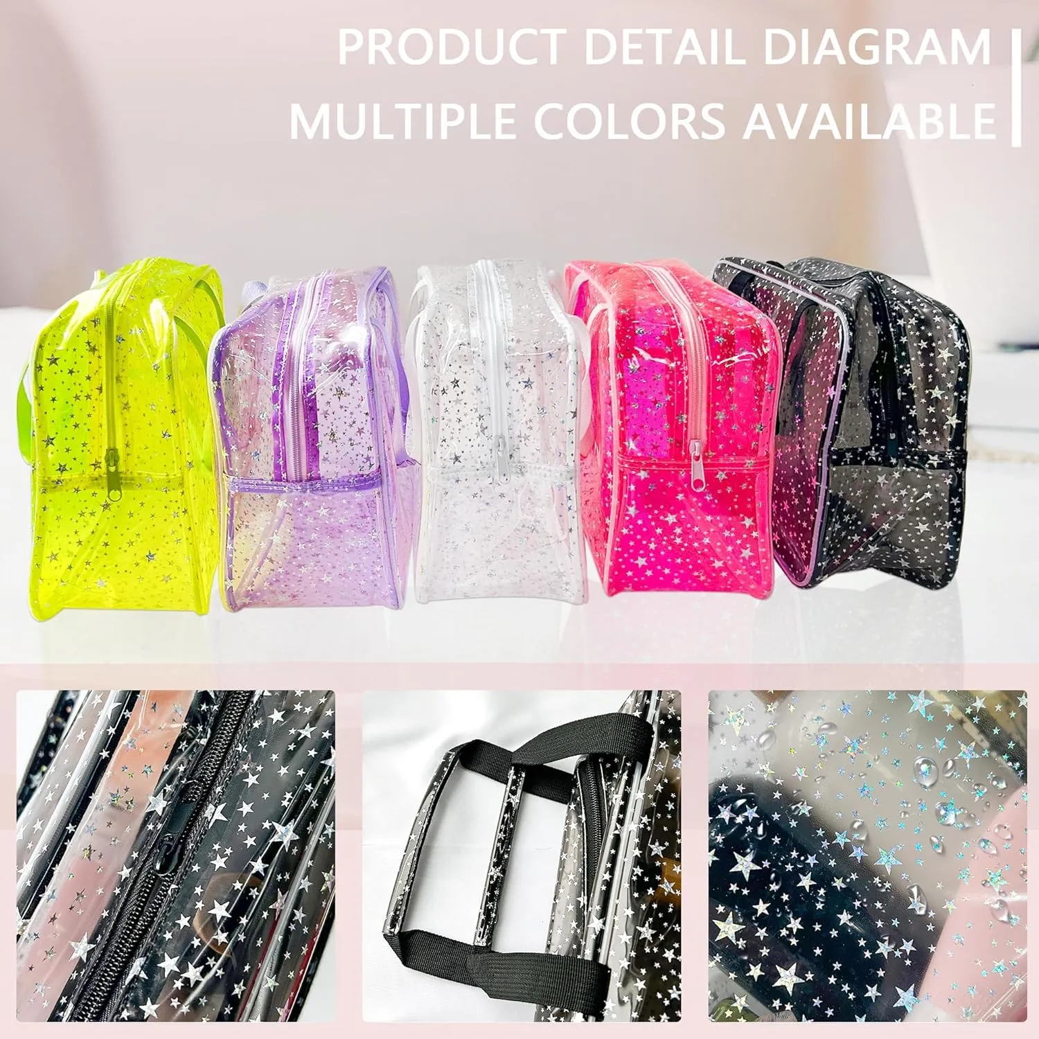 Clear Fluorescent Neon Yellow Star Cosmetic Bag with Zippier and Travel Yellow Clear Pouch with Handle