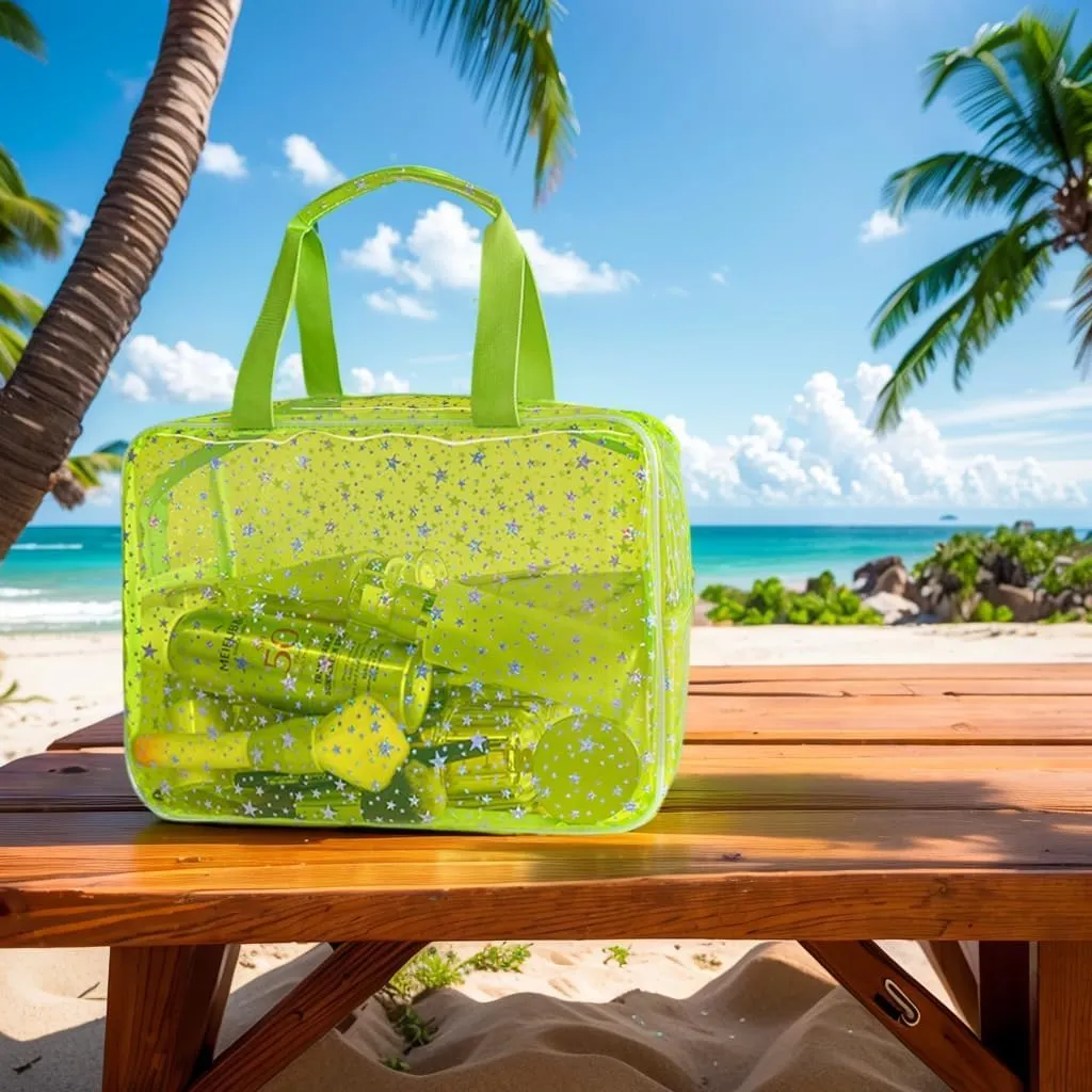 Clear Fluorescent Neon Yellow Star Cosmetic Bag with Zippier and Travel Yellow Clear Pouch with Handle