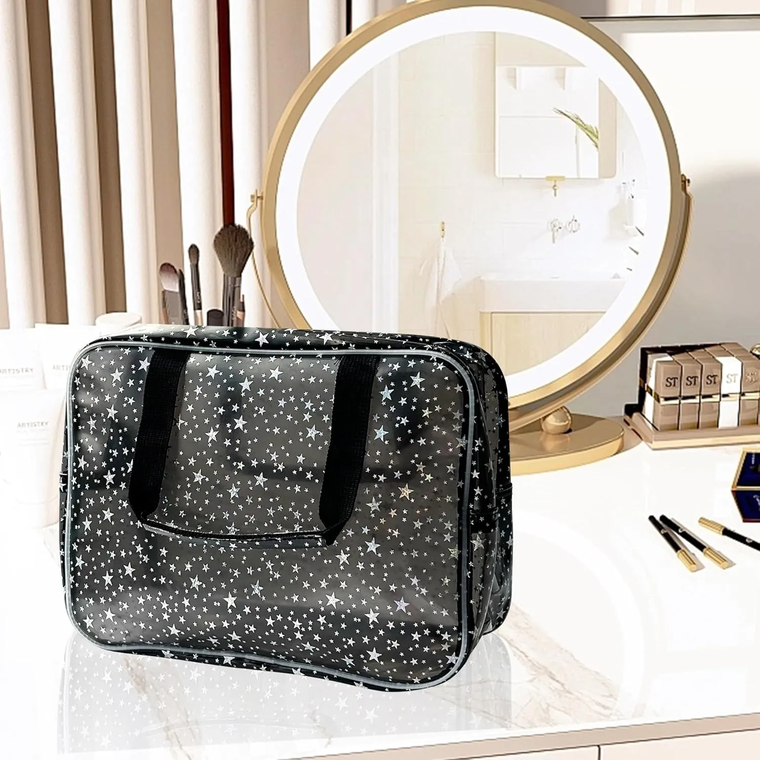 Clear Fluorescent Neon Yellow Star Cosmetic Bag with Zippier and Travel Yellow Clear Pouch with Handle