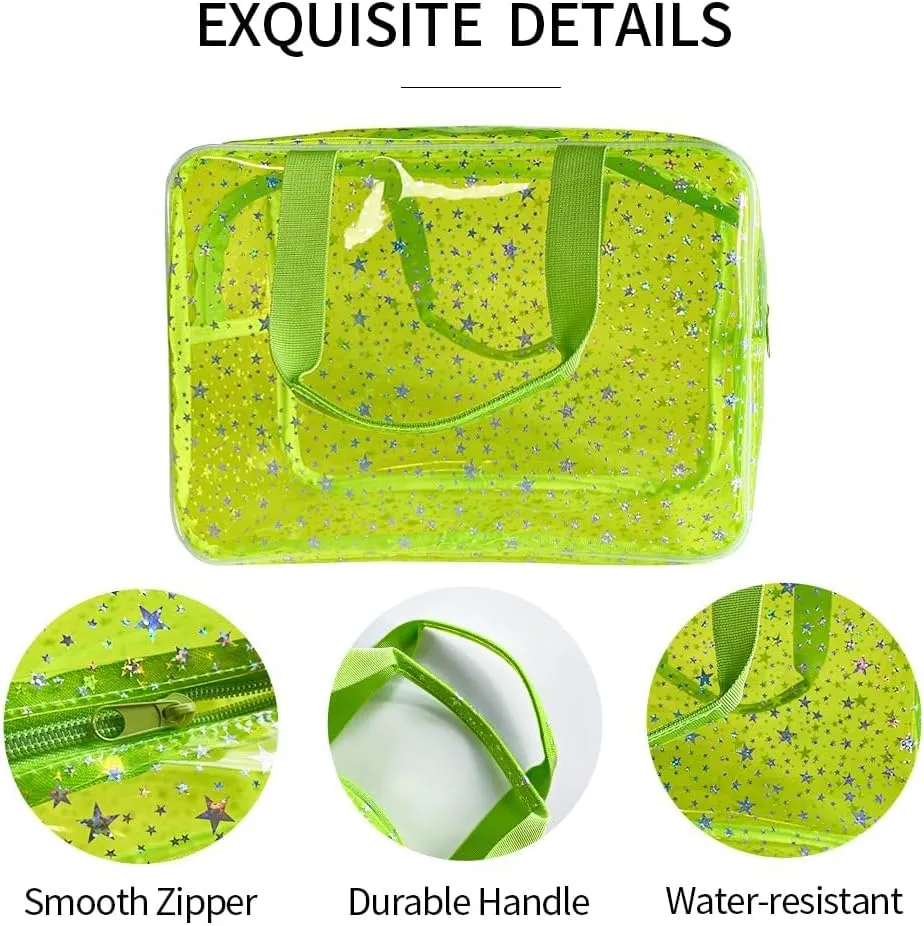 Clear Fluorescent Neon Yellow Star Cosmetic Bag with Zippier and Travel Yellow Clear Pouch with Handle