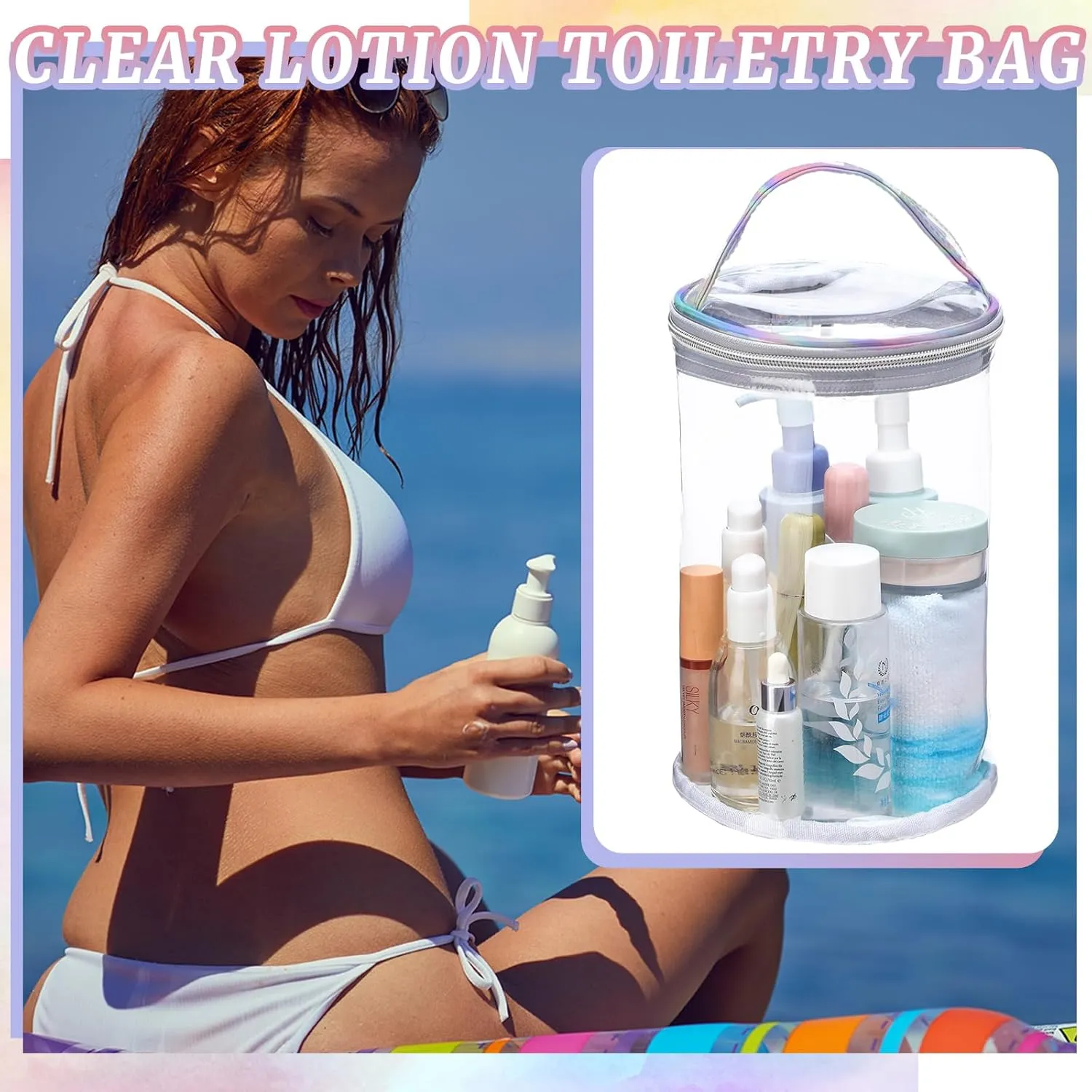 Clear Lotion Bag for Toiletry Cylinder Makeup Bag Heavy Duty Sunscreen Travel Organizer Pouch Waterproof Cosmetic Bag with Handle Zipper Gift for Christmas Beach Pool Airport Women(Silver)