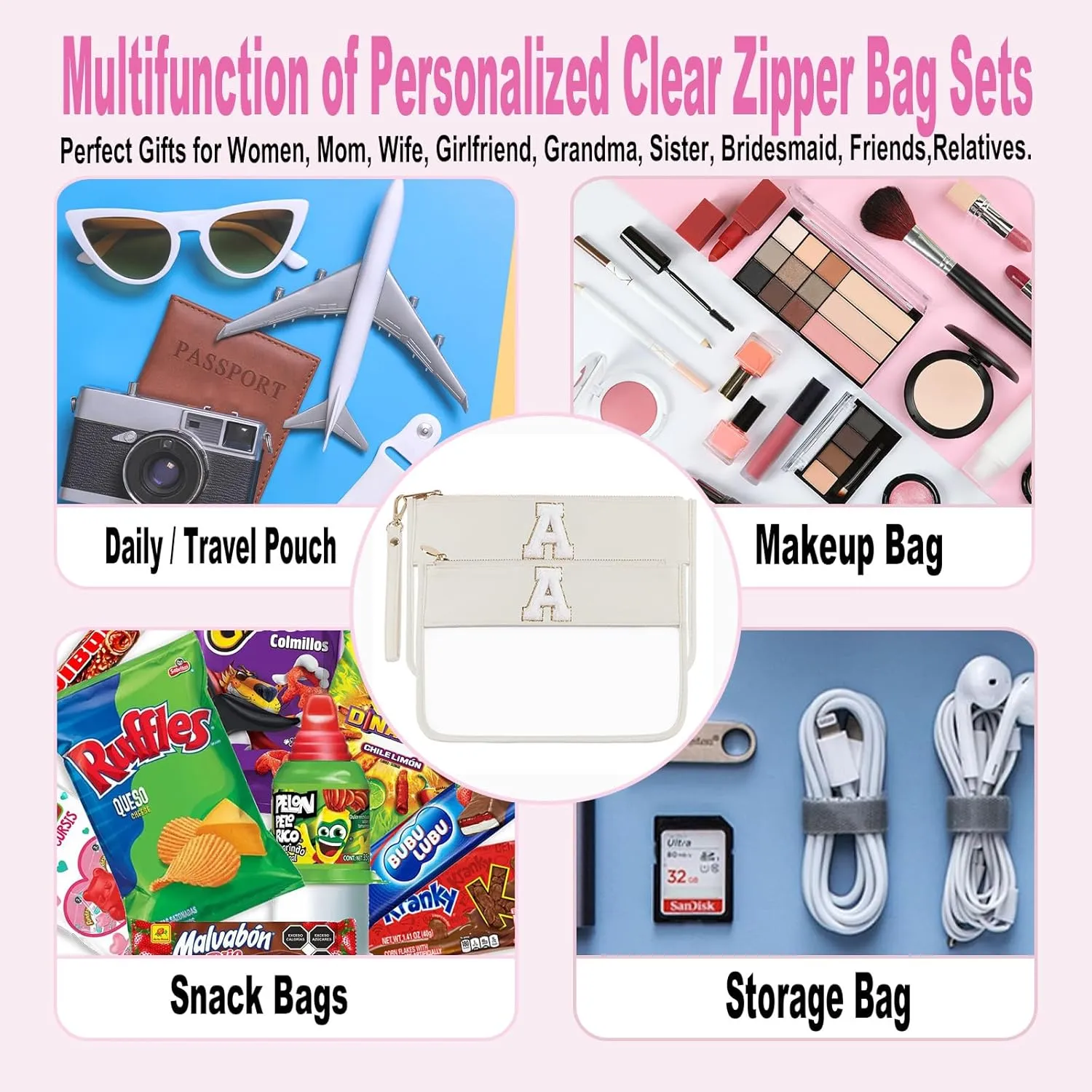 Clear Monogram Chenille Snacks Travel Essentials Flat Zipper Pouch Cosmetic Brush Bag Set 2pcs (Beige Set A)