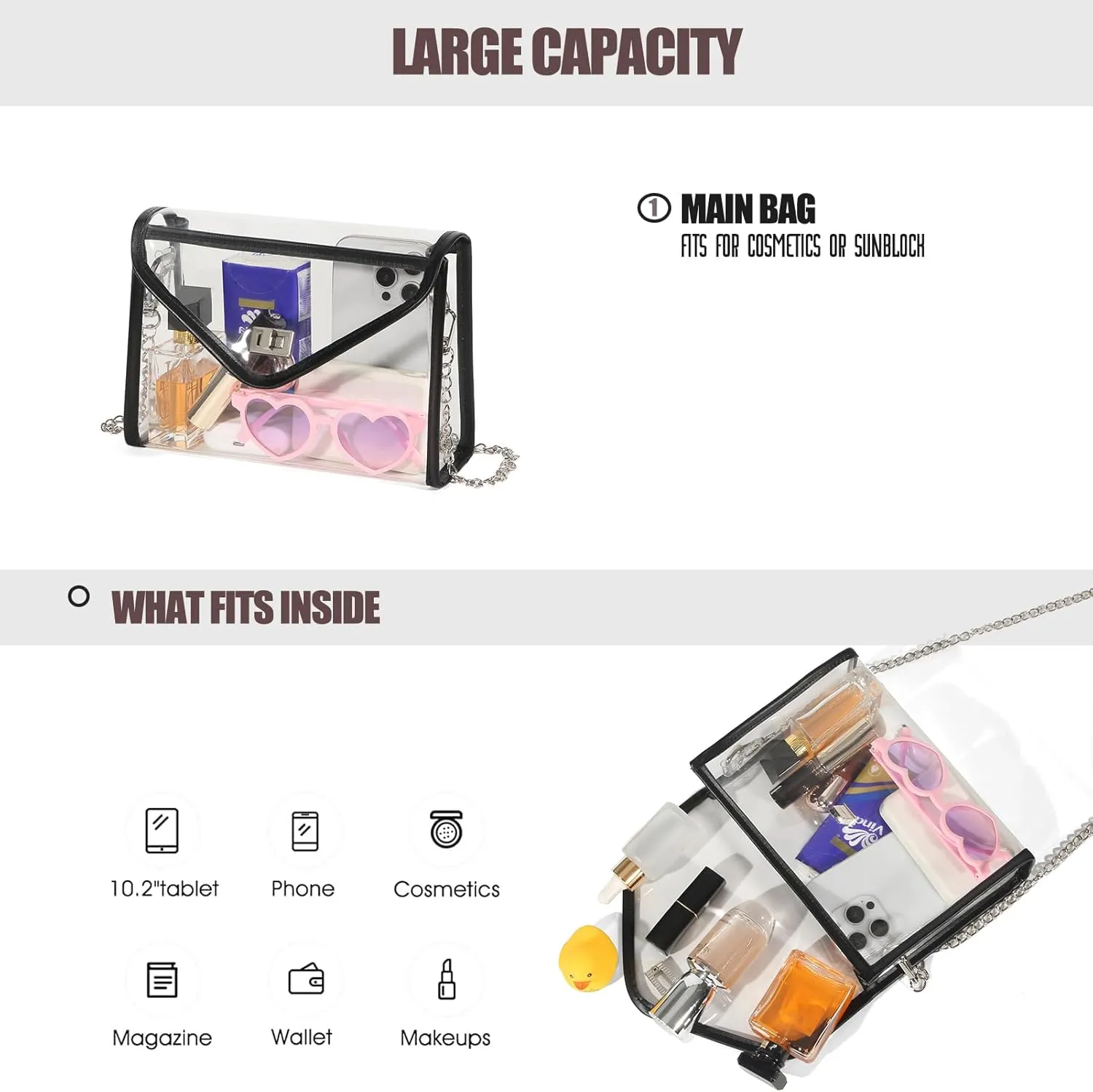 Clear Purse for Women Stadium Approved, PVC Clear Crossbody Bag Transparent Bag for Stadium Events Concerts