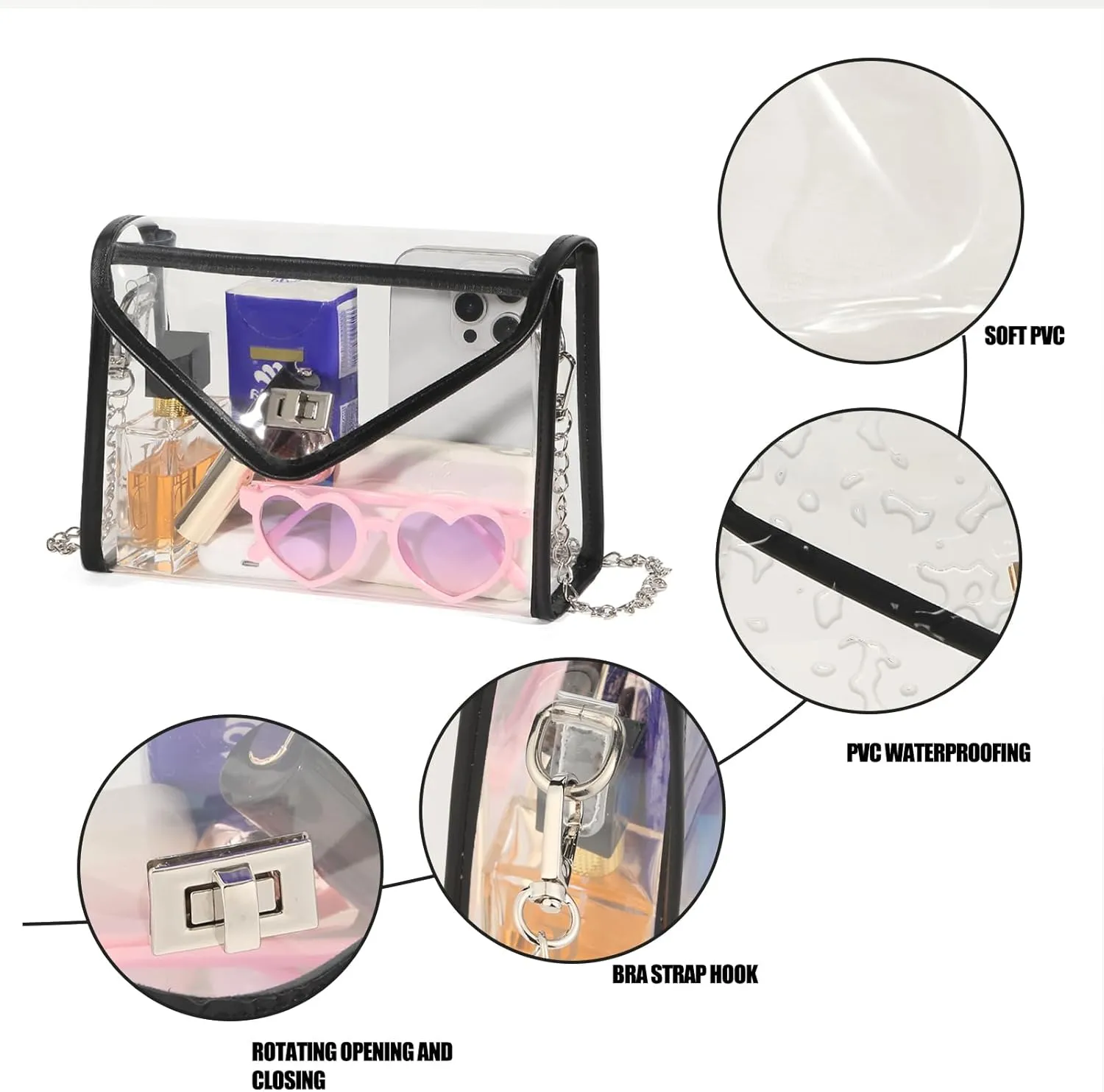 Clear Purse for Women Stadium Approved, PVC Clear Crossbody Bag Transparent Bag for Stadium Events Concerts
