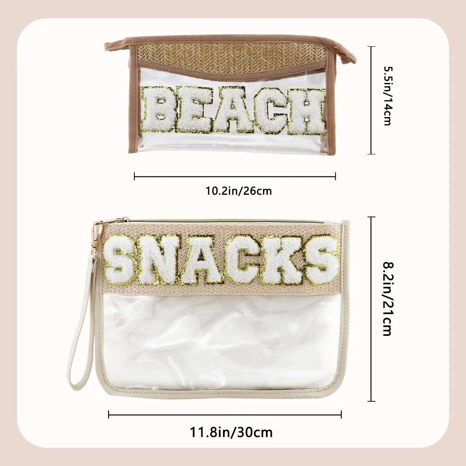 Clear Snacks Bag, Letter Travel Zipper Bags, Waterproof Clear Makeup Cosmetic Bag Storage Organizer Toiletry Bag for Women with Glitter Patch Letter (Snacks and Beach), SnackBeach-XD05-B
