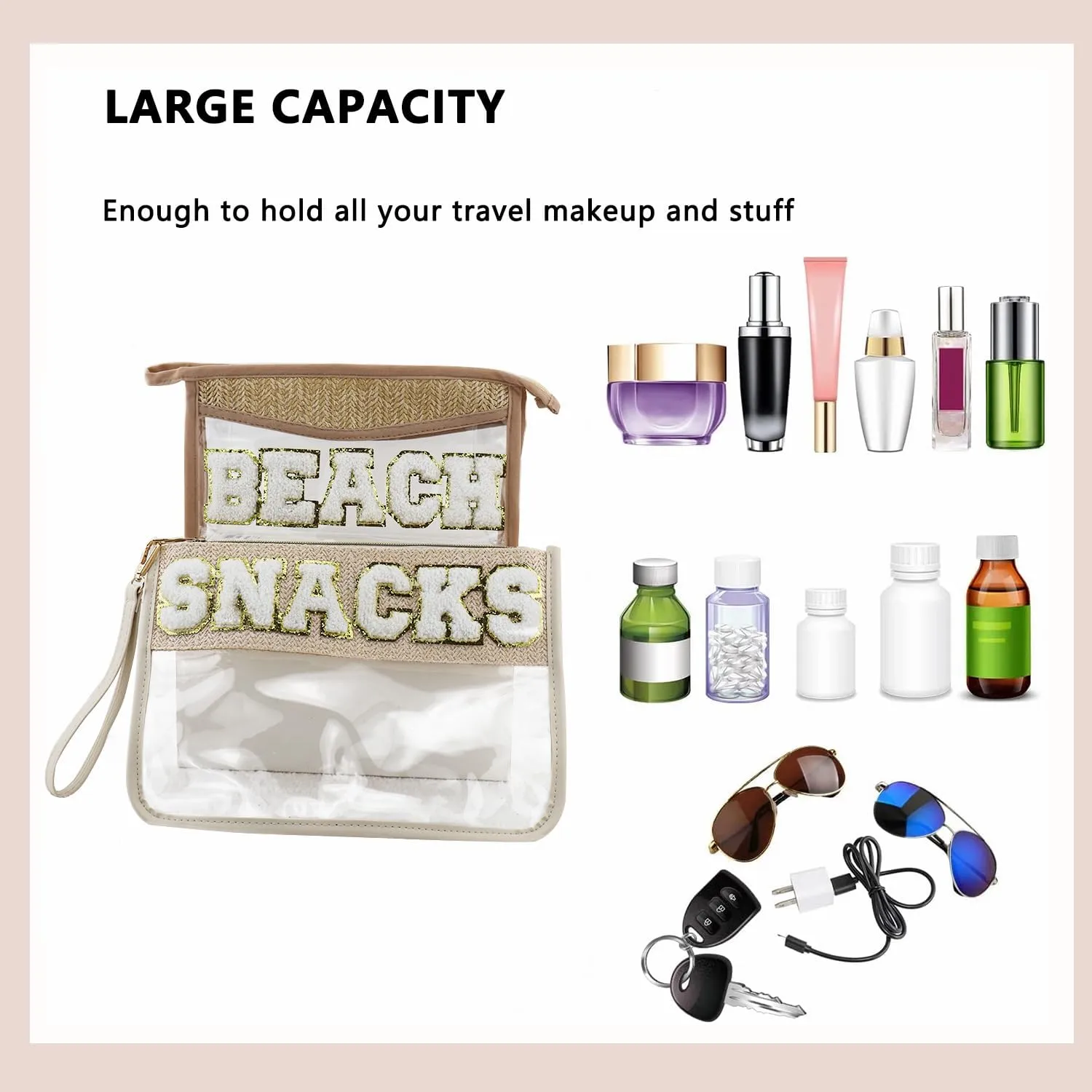 Clear Snacks Bag, Letter Travel Zipper Bags, Waterproof Clear Makeup Cosmetic Bag Storage Organizer Toiletry Bag for Women with Glitter Patch Letter (Snacks and Beach), SnackBeach-XD05-B