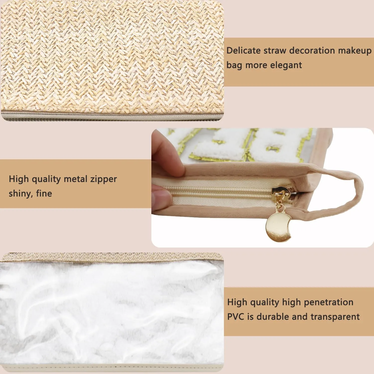 Clear Snacks Bag, Letter Travel Zipper Bags, Waterproof Clear Makeup Cosmetic Bag Storage Organizer Toiletry Bag for Women with Glitter Patch Letter (Snacks and Beach), SnackBeach-XD05-B