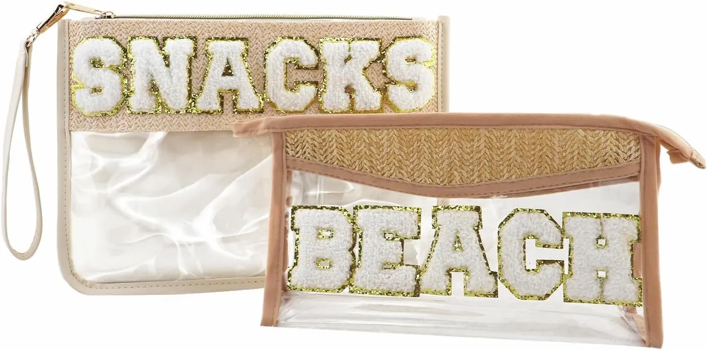 Clear Snacks Bag, Letter Travel Zipper Bags, Waterproof Clear Makeup Cosmetic Bag Storage Organizer Toiletry Bag for Women with Glitter Patch Letter (Snacks and Beach), SnackBeach-XD05-B