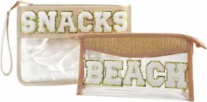 Clear Snacks Bag, Letter Travel Zipper Bags, Waterproof Clear Makeup Cosmetic Bag Storage Organizer Toiletry Bag for Women with Glitter Patch Letter (Snacks and Beach), SnackBeach-XD05-B