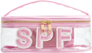 Clear Waterproof Summer SPF Makeup Bag，Aesthetic Transparent Letter Patch Cosmetic Bag with Metal Zipper, Preppy Sunscreen Accessories Storage Organization, Beach Travel Purse(01SPF Pink)