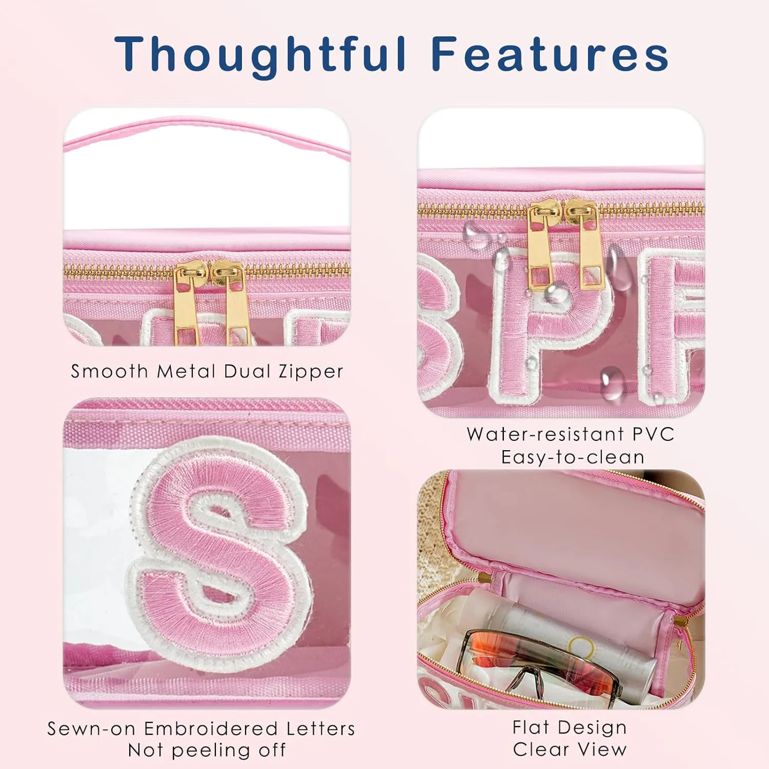 Clear Waterproof Summer SPF Makeup Bag，Aesthetic Transparent Letter Patch Cosmetic Bag with Metal Zipper, Preppy Sunscreen Accessories Storage Organization, Beach Travel Purse(01SPF Pink)