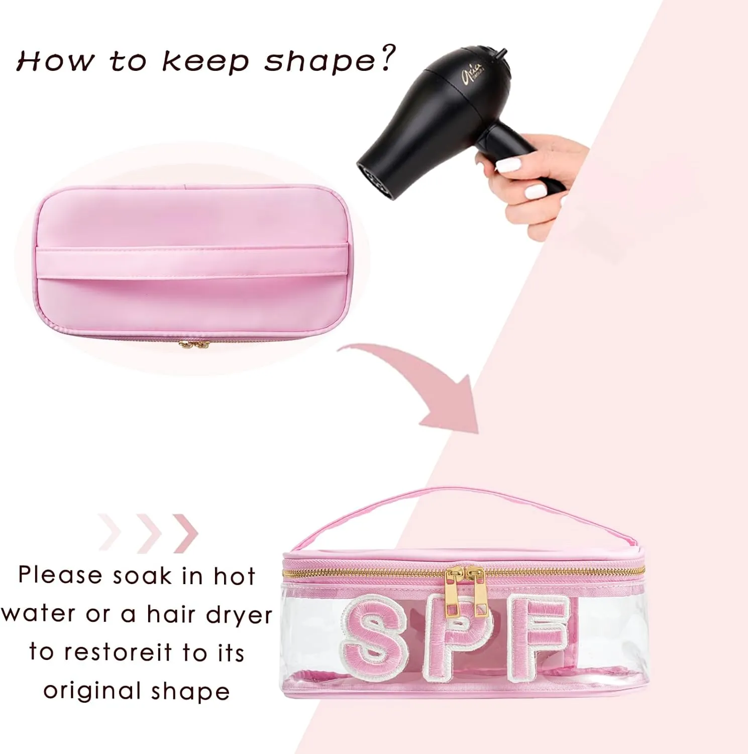 Clear Waterproof Summer SPF Makeup Bag，Aesthetic Transparent Letter Patch Cosmetic Bag with Metal Zipper, Preppy Sunscreen Accessories Storage Organization, Beach Travel Purse(01SPF Pink)