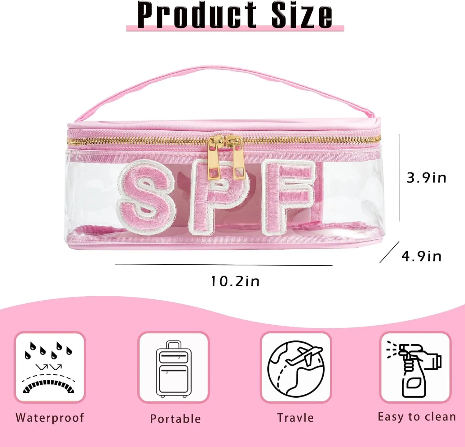 Clear Waterproof Summer SPF Makeup Bag，Aesthetic Transparent Letter Patch Cosmetic Bag with Metal Zipper, Preppy Sunscreen Accessories Storage Organization, Beach Travel Purse(01SPF Pink)
