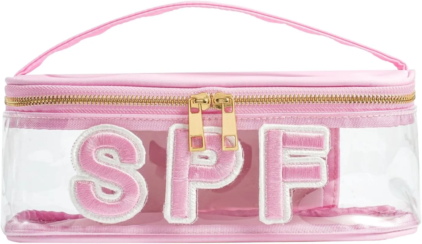 Clear Waterproof Summer SPF Makeup Bag，Aesthetic Transparent Letter Patch Cosmetic Bag with Metal Zipper, Preppy Sunscreen Accessories Storage Organization, Beach Travel Purse(01SPF Pink)
