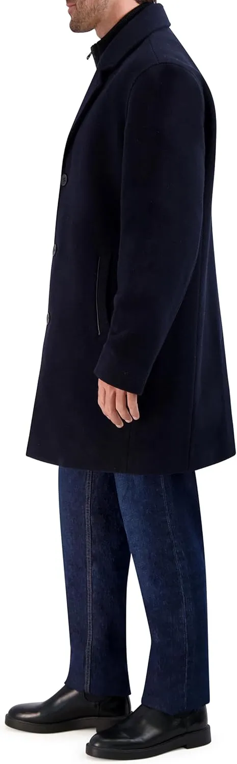 Cole Haan Men's Car Coat with Rib Knit Bib and Faux Leather Detail