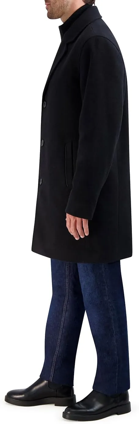 Cole Haan Men's Car Coat with Rib Knit Bib and Faux Leather Detail