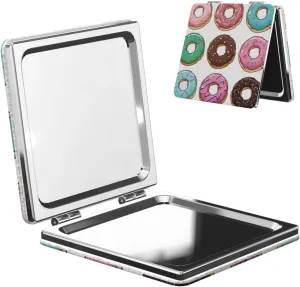 Colored Cartoon Donuts Printed Square Pocket Makeup Mirror with 1X/2X Magnification, Portable Mini Travel Makeup Mirror for Travel Daily Work Beauty