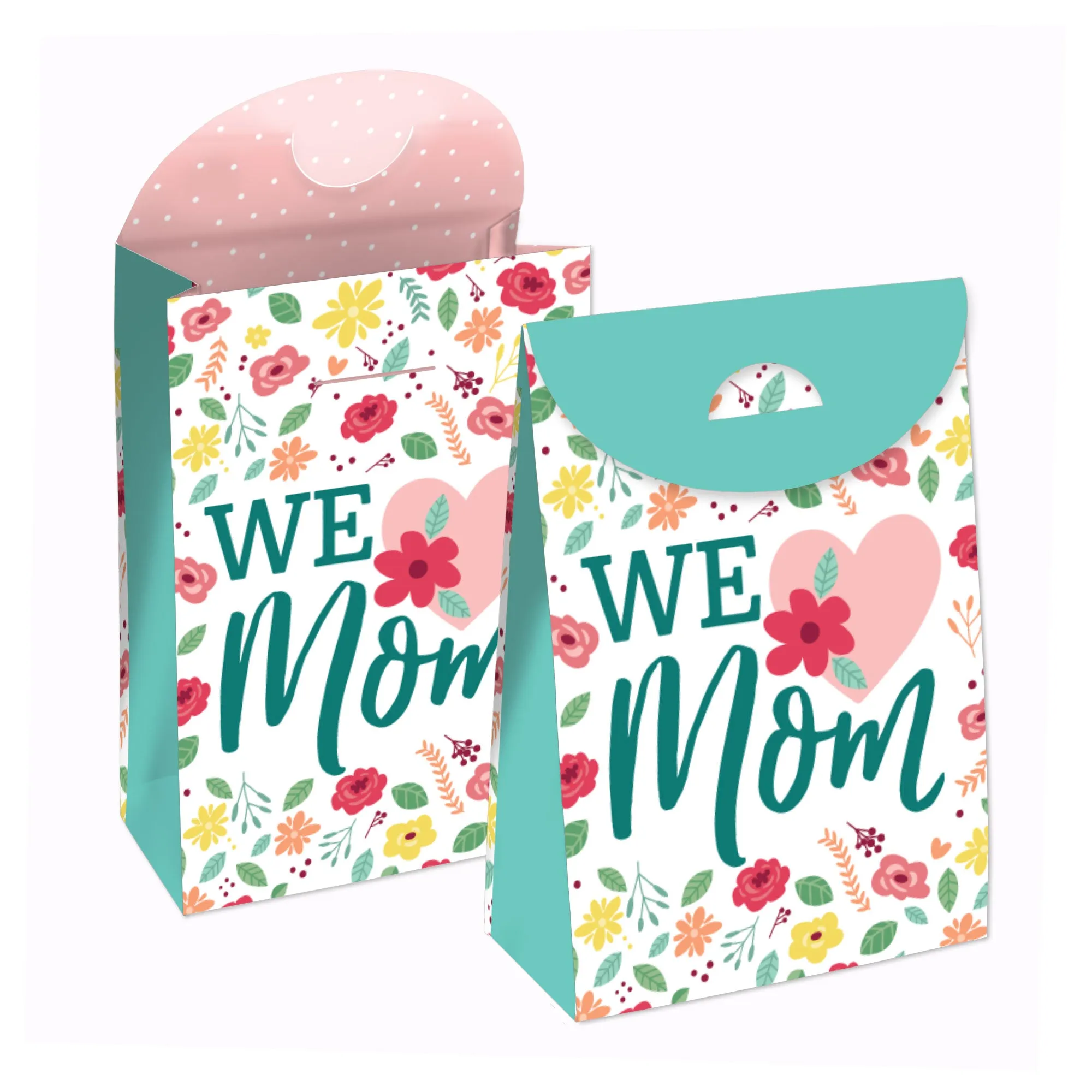 Colorful Floral Happy Mother's Day - We Love Mom Gift Favor Bags - Party Goodie Boxes - Set of 12