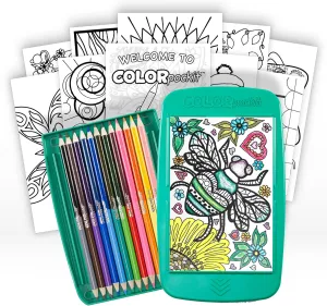 Colorpockit Coloring Kit Travel Art Set with Colored Pencils, 4x6 Coloring Cards, Built in Sharpener, Mess Free Trip Activities for Airplanes or Car, 8.5 x 5, 28 pieces