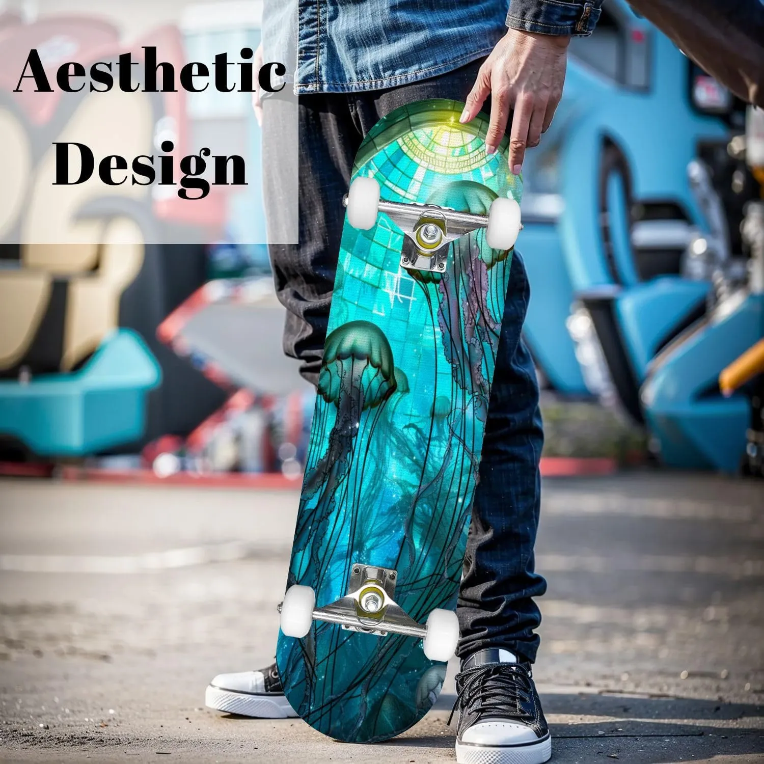 Complete Skateboard with Jellyfish Dance Undersea Stained Glass Ornament Beginner Skateboard 7-Layer Maple Wood Double Kick Concave Skateboards for Kids, Adults, Teens 31" x 8"
