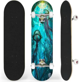 Complete Skateboard with Jellyfish Dance Undersea Stained Glass Ornament Beginner Skateboard 7-Layer Maple Wood Double Kick Concave Skateboards for Kids, Adults, Teens 31" x 8"